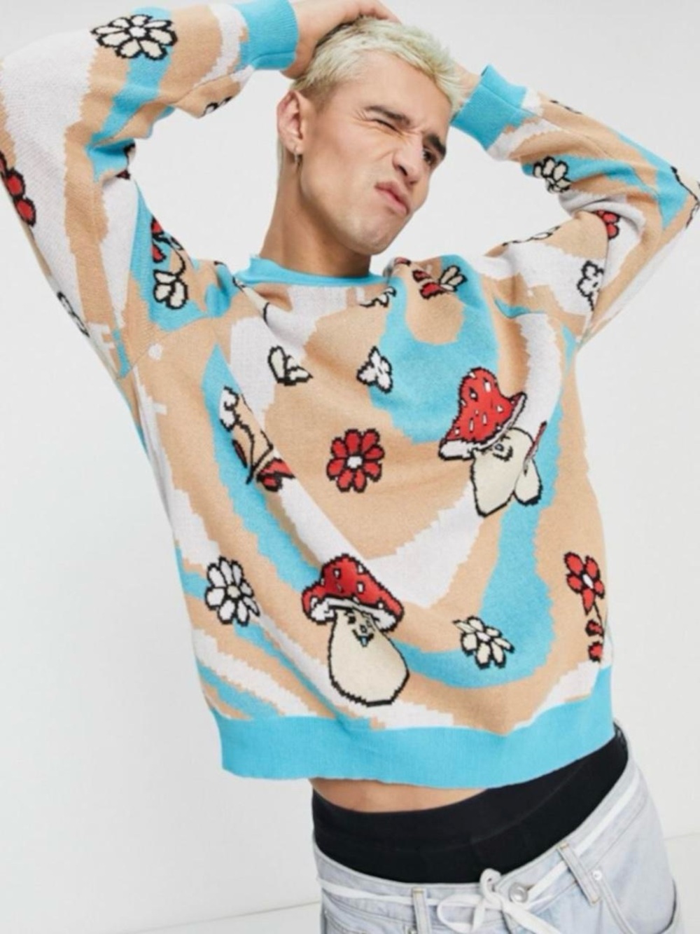 ASOS Unisex XL Beige Blue Red Mushroom Pattern Crewneck Sweater Y2K Alternative